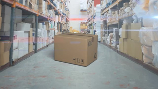 Animation of cardboard box falling on a floor with stacked up shelves full of boxes and parcels