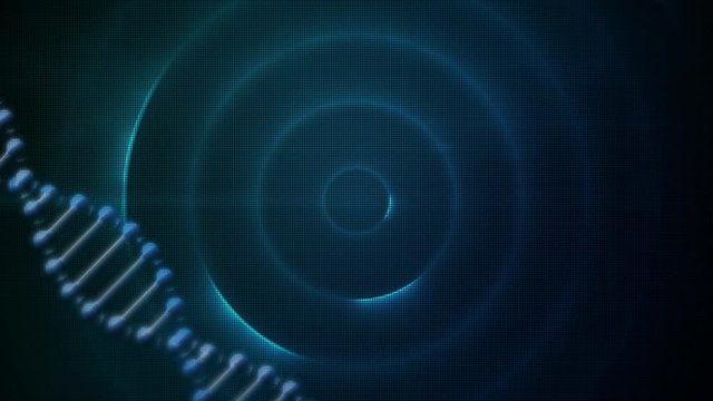 Animation of a double helix DNA strand rotating over multiple blue circles background