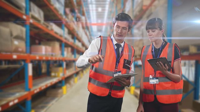 Animation of a male and female warehouse workers counting 