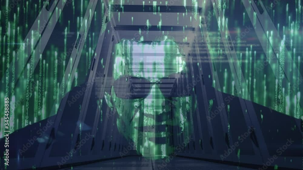 Poster animation of man with glasses hacking a computer