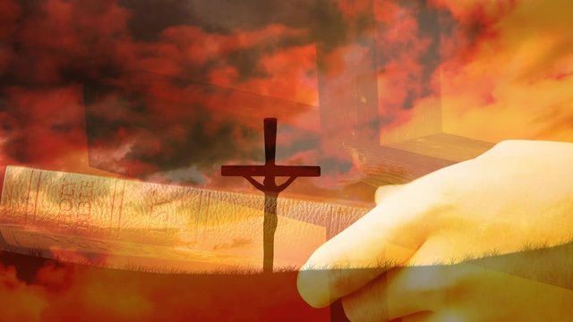 Animation of a Christian cross over a Caucasian man holding  the Holy Bible