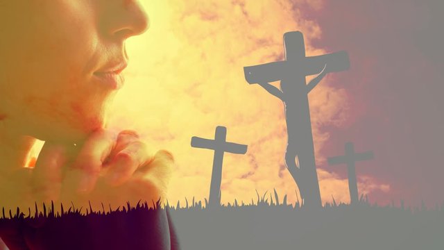 Animation of three Christian crosses over a Caucasian woman praying