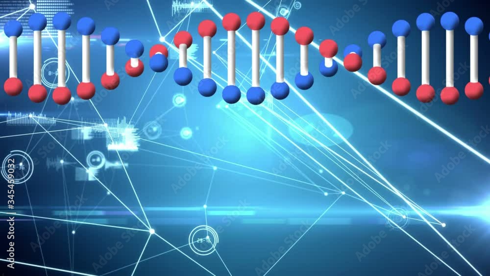 Poster animation of a dna strand rotating with network of connections on blue background