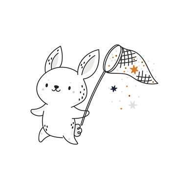 Cute cartoon baby bunny catch stars with a butterfly net. Isolated on white background. Childish animal character vector illustration in pastel colors. Ideal for cards, poster, print, textile, decor