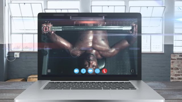 Animation of tablet computer showing a African American man exercising. Coronavirus  spreading