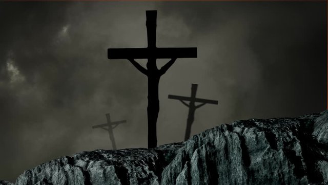Animation of silhouette of three Christian crosses over stormy grey clouds