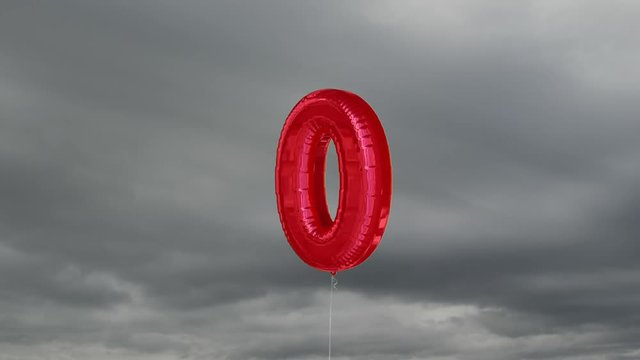 Animation of a number zero red balloon over sky in the background. 
