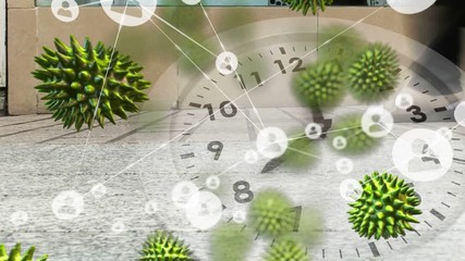 Animation of macro coronavirus Covid-19 cells spreading over network connections with people icons - Powered by Adobe