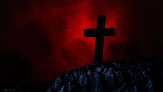 Animation of silhouette of Christian cross over red clouds of smoke