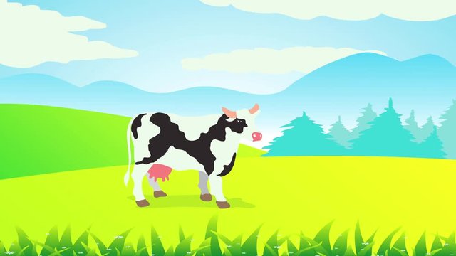 of cow standing on a lush meadow surrounded by green hills high grass under blue cloudy sky with mountains and pine wood shadows on the horizon