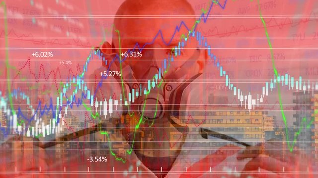 Animation of man putting a protective face mask on over stock market display in the background