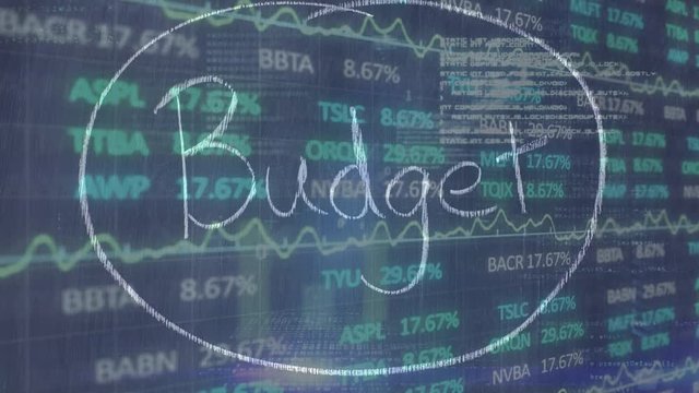 Animation of the word Budget handwritten over stock market display in the background