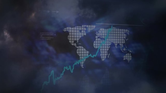 Animation of thunderstorm and world map over stock market display in the background