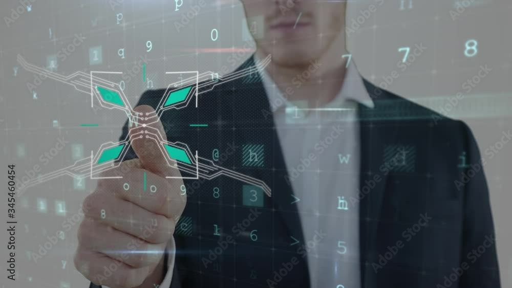 Poster animation of caucasian man using his thumb to touch virtual interactive screen