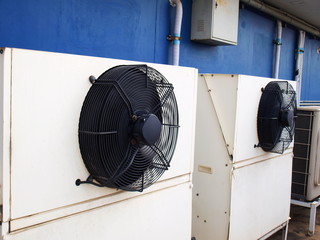 Close-up of a fan on an air conditioner compressor HVAC (Heating, Ventilation, and Air...