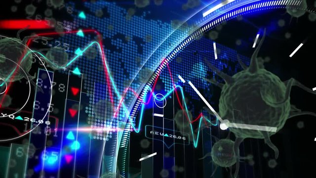 Animation of cells of coronavirus  spreading, clock moving fast and stock market display