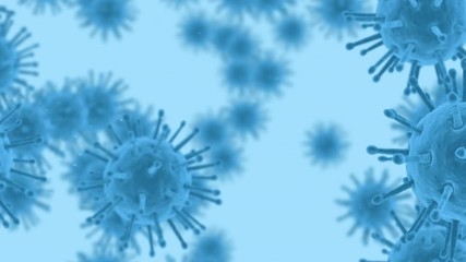 Animation of macro Covid-19 cells floating on blue background. - Powered by Adobe