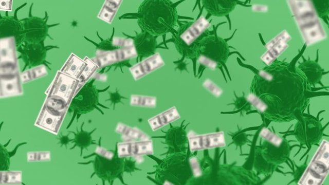 Animation of macro Covid-19 cells and American dollar bills floating. 