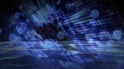 Animation of macro Covid-19 and blood cells floating over a stock market display - Powered by Adobe