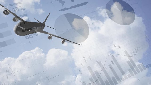 Animation of a plane flying in the sky over data processing, statistics showing in the background. 