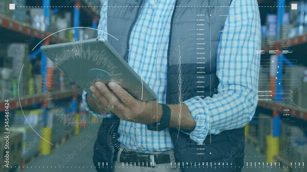 Poster animation of worker wearing a hard hat using a digital tablet in a warehouse with scope scanning