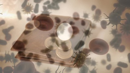 Animation of macro Covid-19 and blood cells floating over coins falling on a wallet. - Powered by Adobe
