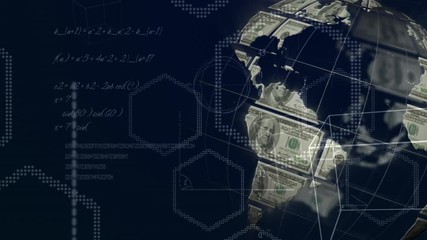 Animation of globe made of American dollar bills spinning over mathematics equations.  - Powered by Adobe