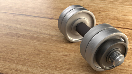  dumbbell  wood floor 3d rendering for fitnesses content.
