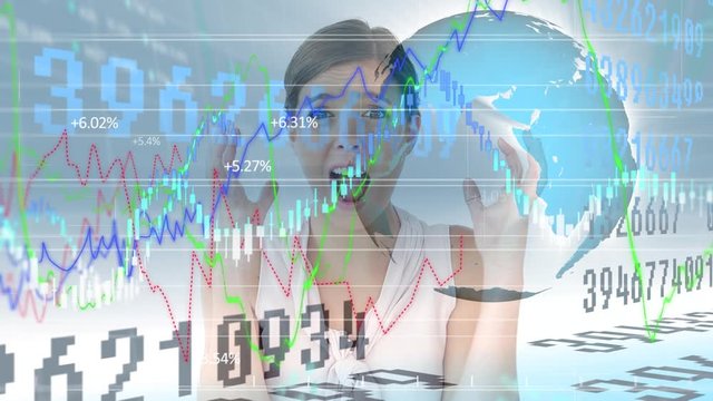 Animation of a stock market display statistics showing over woman holding head, globe spinning. 