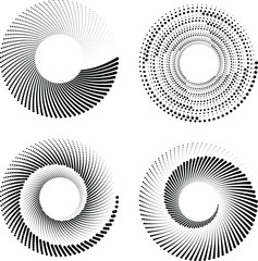 Set of black vector stripes in spiral form with halftone dots. Trendy design element for frame, logo, tattoo, sign, symbol, web, prints, posters, template, pattern and abstract background