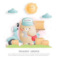 Delivery bear carrying package deliver to town with scooter. paper cut style. Vector illustration. 