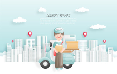 Delivery boy carrying package deliver to town with scooter. paper cut style. Vector illustration. 