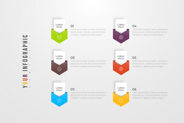 Infographic concept design with 6 options, steps or processes. Can be used for workflow layout, annual report, flow charts, diagram, presentations, web sites, banners, printed materials.