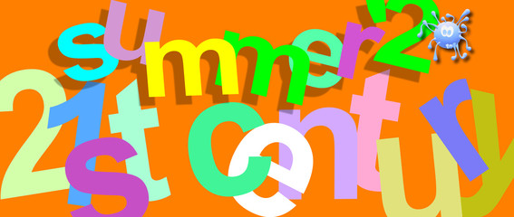 Summer 2020 with a simulated drawing of the coronavirus inserted into the zero. 3d illustration with strong colors and great contrast with orange background. Covid-19. Year 20, 21st century.