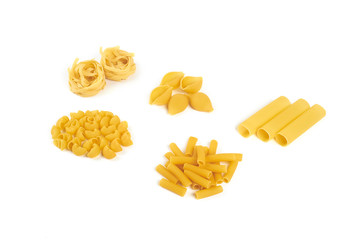Collection of italian pasta portion isolated on white background.
