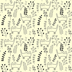 Obraz premium Seamless pattern with funny hand drawn cats and herbaceous plants. Animals vector illustration with adorable kitten for fabric and other surface.