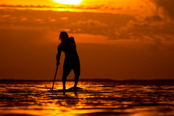 surfer rides by paddle board (S.U.P.) in the ocean against the background of a large disk of the setting sun