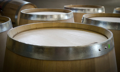 New wine barrels in a warehouse