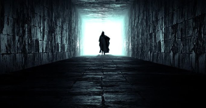 Death coming on the corridor in slow motion, 3D animation