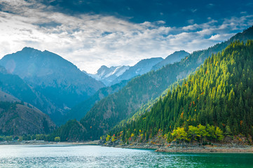 View of Heavenly Lake or Tianchi of Tianshan in Urumqi, Scenery of Heaven Lake, Tianshan Tianchi National park, Xinjiang, China