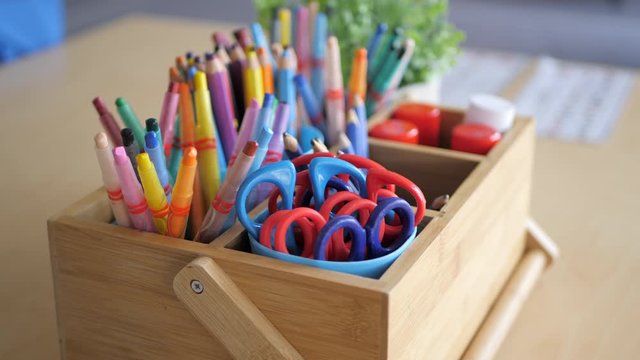CLOSE UP School Stationary Items Ready For Use In An Empty Classroom