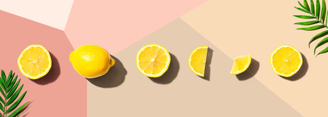 Fresh yellow lemons overhead view - flat lay