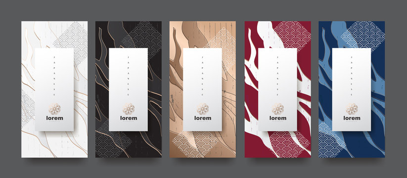 Vector set packaging templates japanese of nature luxury or premium products.logo design with trendy linear style.voucher, flyer, brochure,wallpaper.Menu book cover japan style vector illustration.