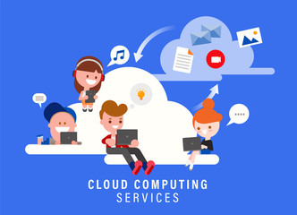 Cloud computing services concept illustration. Group of people sitting on cloud using laptop computer and smart devices. Flat design style cartoon character.