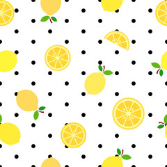 Flat yellow lemon illustration with polka dots seamless Pattern