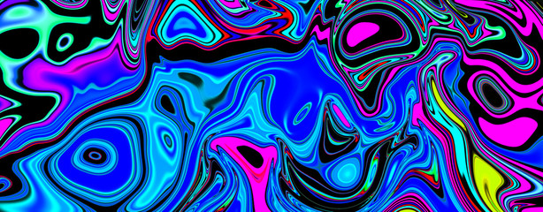Colorful panoramic liquid wave background. Abstract llquid swirl pattern for creating artworks and prints for cover, flyer, brochure, poster, wedding Invitation. Stock illustration.