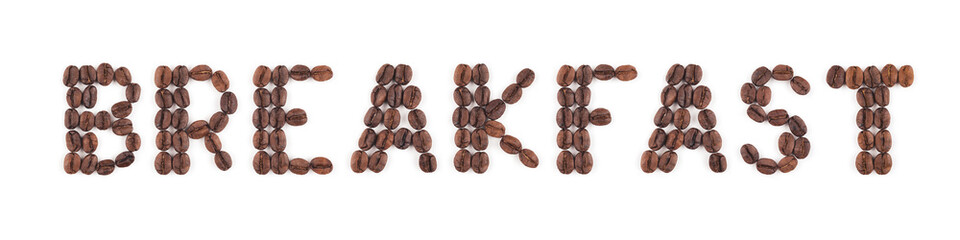 High resolution roasted coffee beans arranged in letters on white background for coffee menus or coffee shop signs