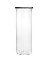 Empty transparent PET can jar for canning and preserving isolated on white background.