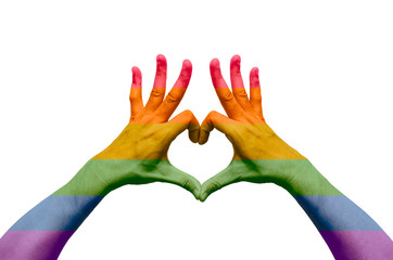 Person hand in love shape with rainbow color isolated on white background. Pride day and zero...