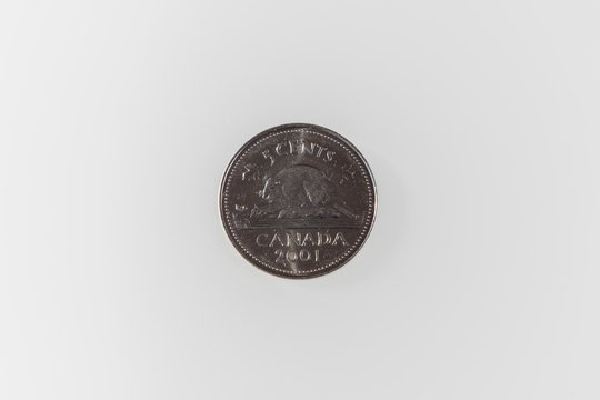 Top View Of The Reverse Side Of A Canadian Nickel On A White Surface